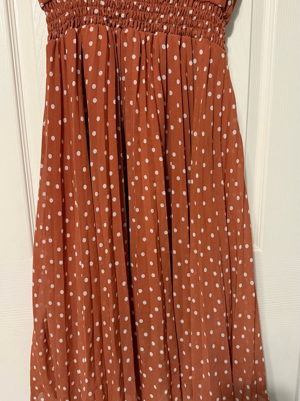 Indigo Rose Rust Polka Dot Smocked Midi Dress - Picture 6 of 7